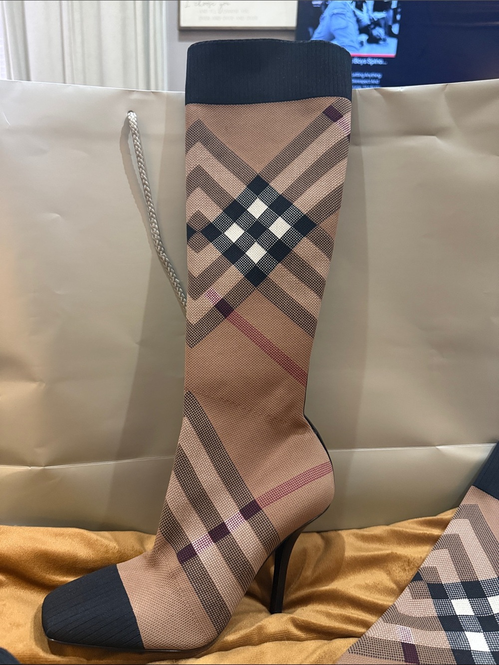 Burberry Beige Plaid Knee-High Heeled Boot with Black Accents